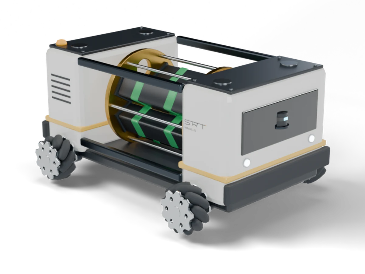 Romulus: a low white mobile base with mecanum wheels, a smoked front visor with LiDAR, a yellow accent stripe and a battery revolver between its two pods.