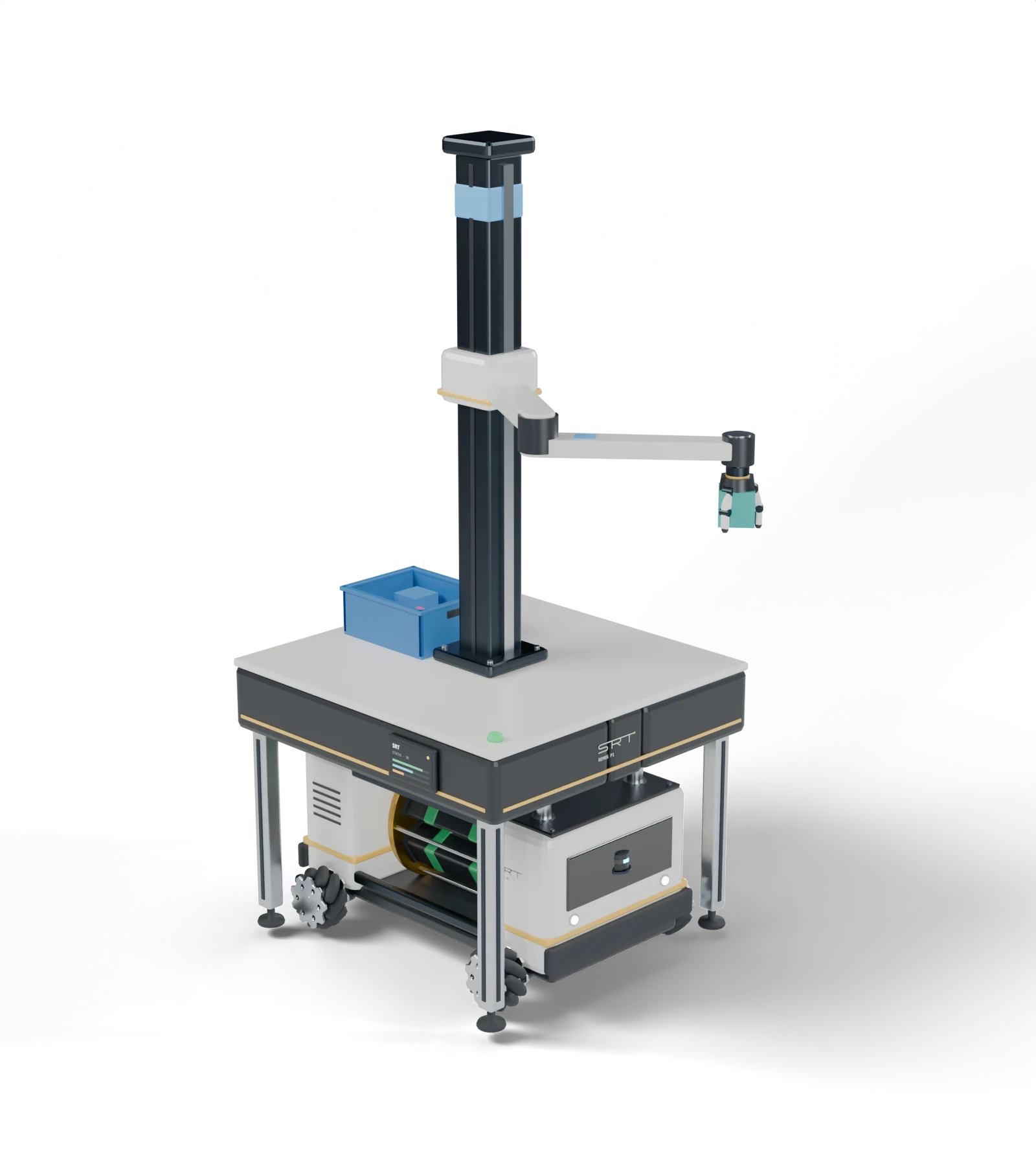 Concept render of Octavious: a Remus arm with a tall lift mast, a two-link arm holding a box in its three-finger hand and a blue tote, docked on top of a white Romulus mobile base with mecanum wheels.